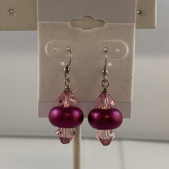Silver Plated Pierced French Wire Dangle Earrings With Dark Pink Beads (N3) - Picture 2 of 2